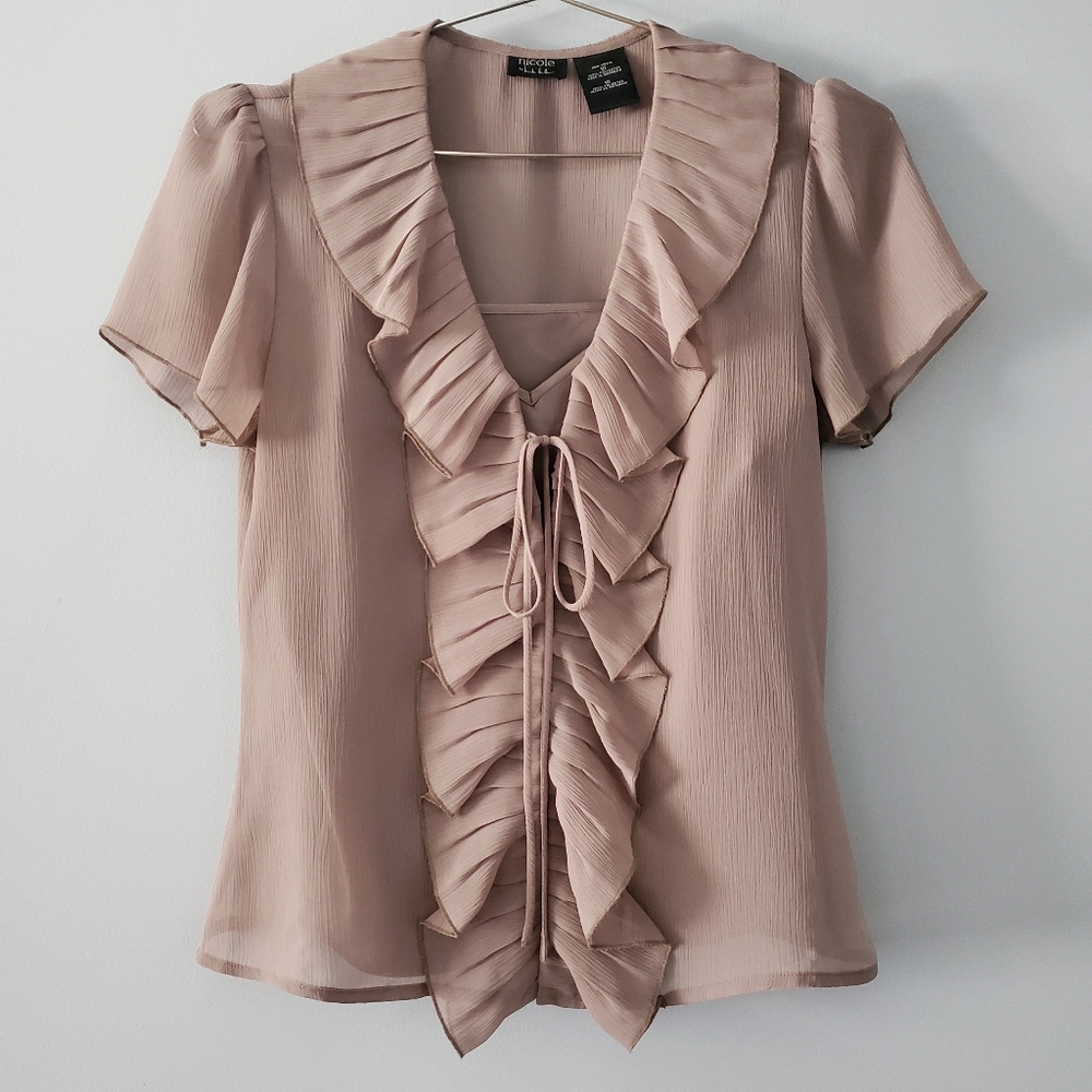 New Nicole Miller Short Sleeve Sheer Two Piece Ruffle Blouse Size 10